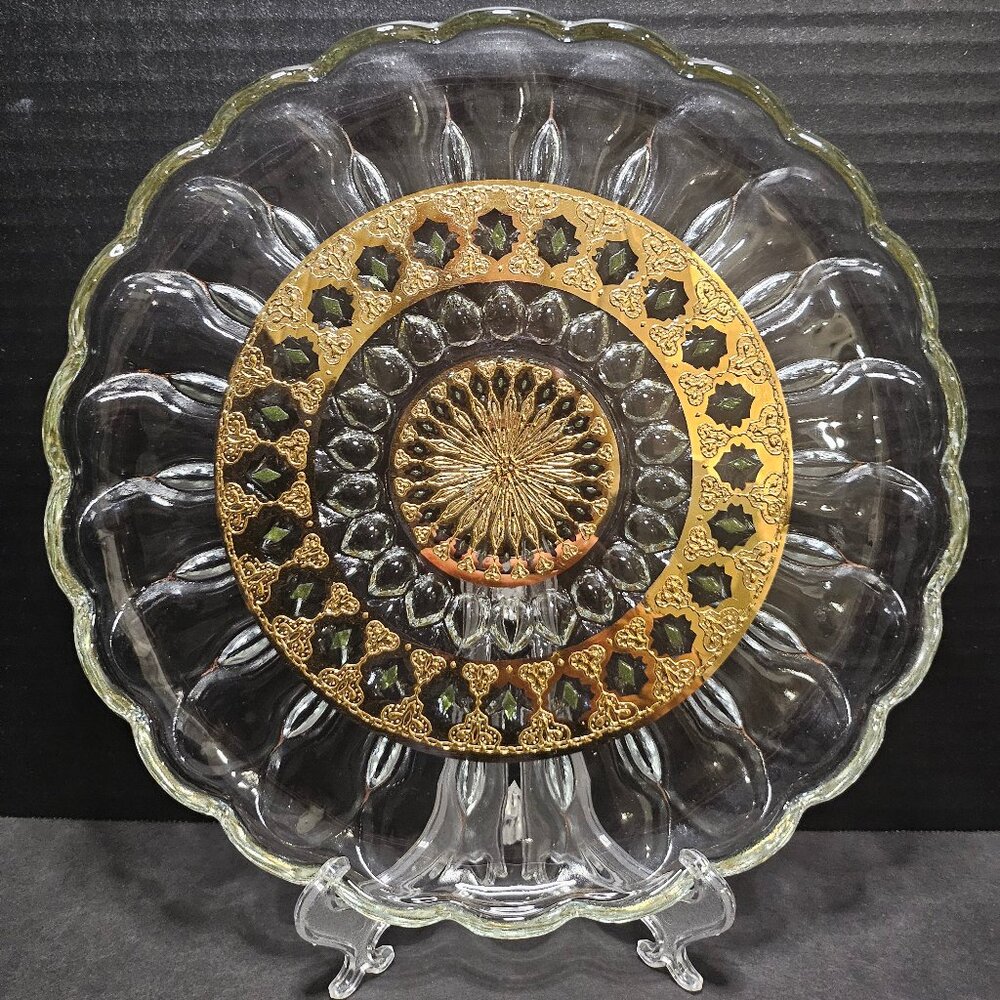 Vintage Culver Valencia 22 K Gold Green Round Glass Serving Platter 10" MCM